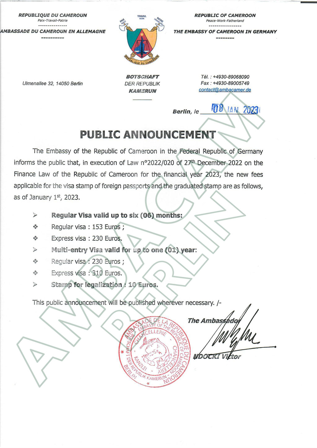 VISA PRICES PRESS RELEASE Cameroon Embassy Berlin Ambassade Du VISA PRICES PRESS RELEASE Cameroon Embassy Berlin Ambassade Du