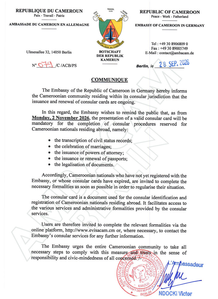 Official Communiqué No. 079 - Embassy of Cameroon in Germany