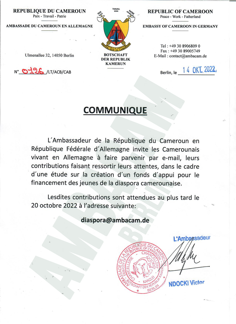 Ambassade Du Cameroun Au Vatican COMMUNIQUE – Ambassade du Cameroun Berlin | Cameroon Embassy Berlin