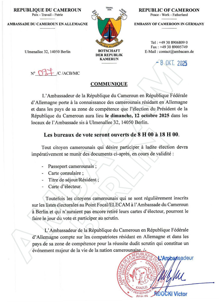 Élection présidentielle 2025 - Ambassade du Cameroun
