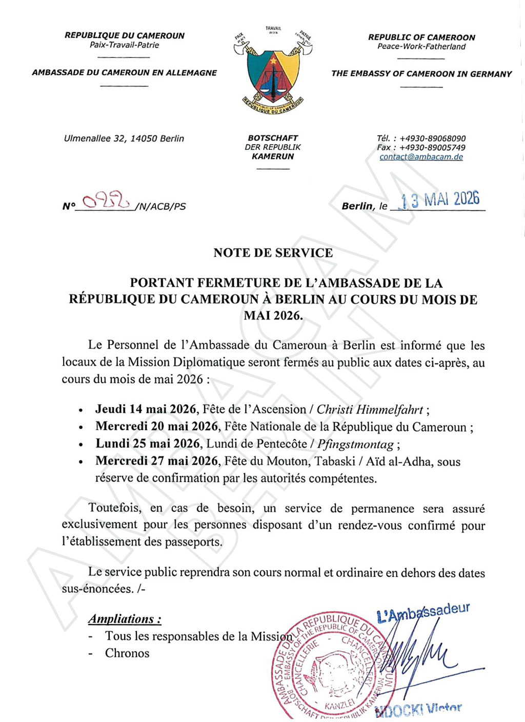 Fermeture Ascension - Ambassade du Cameroun à Berlin