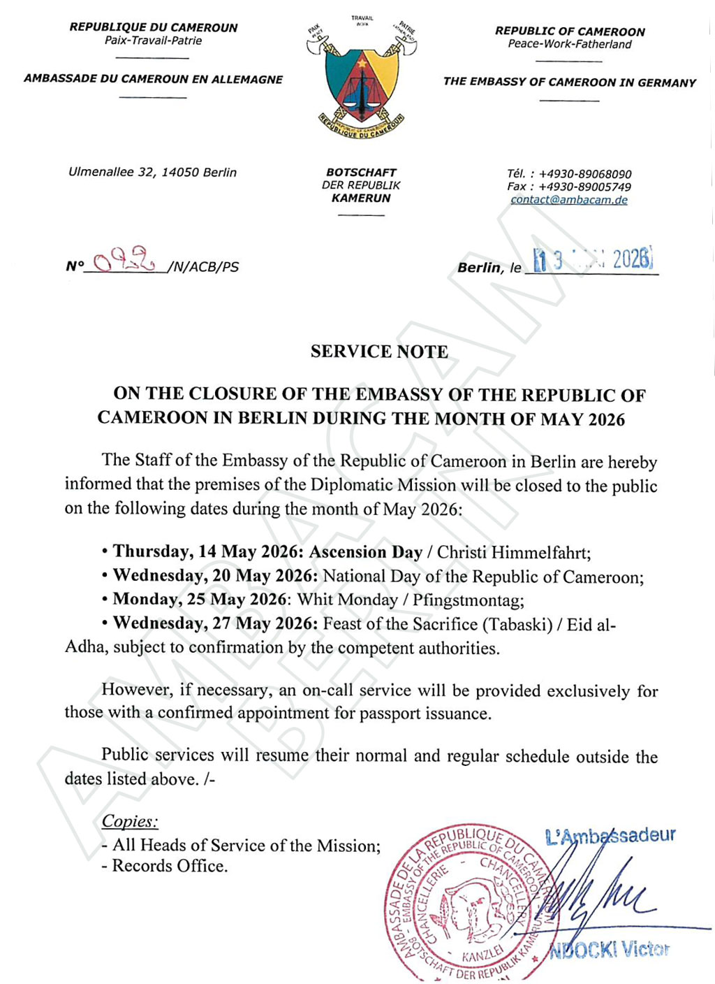Ascension Day closure - Embassy of Cameroon Berlin