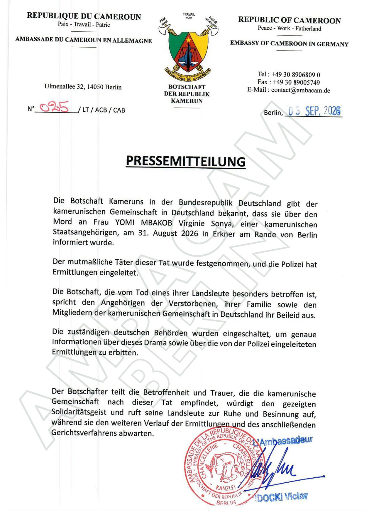 Offizielle Pressemitteilung - Botschaft von Kamerun