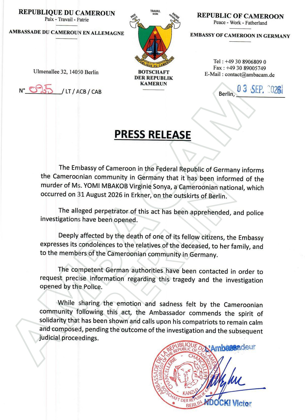 Official Press Release - Embassy of Cameroon