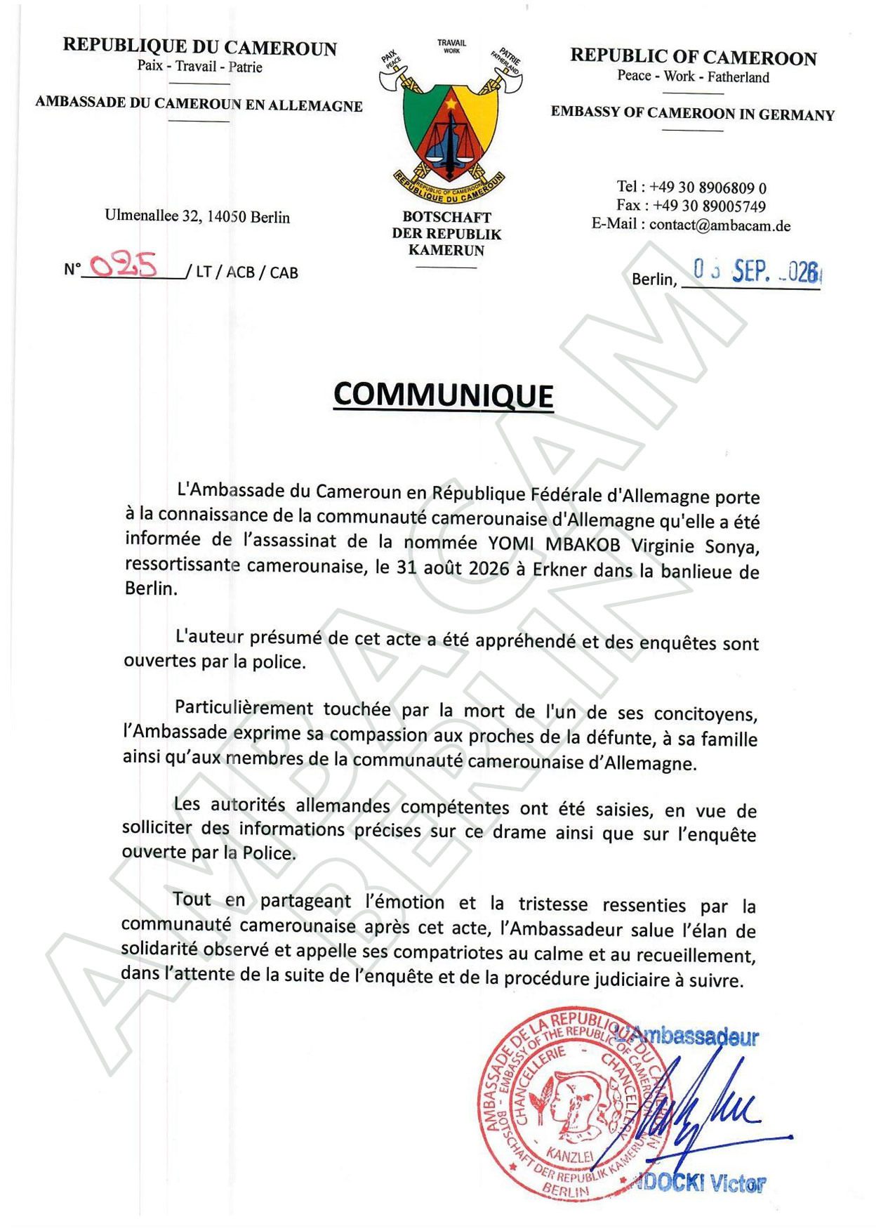 Communiqué Ambassade du Cameroun - YOMI MBAKOB